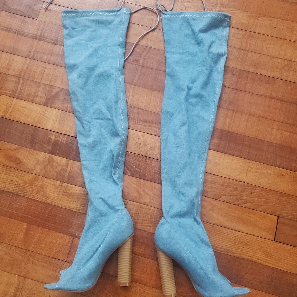 Denim open toe thigh high boots size 6